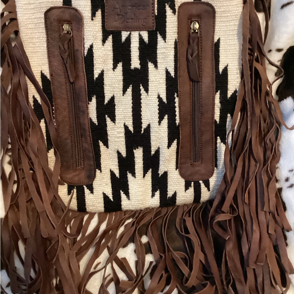 Black and White Geometric Backpack with Brown Fringe by American Darling